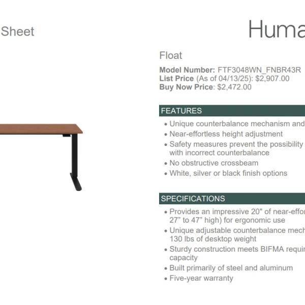 Humanscale Float Sit Stand height adjustable hat work desk